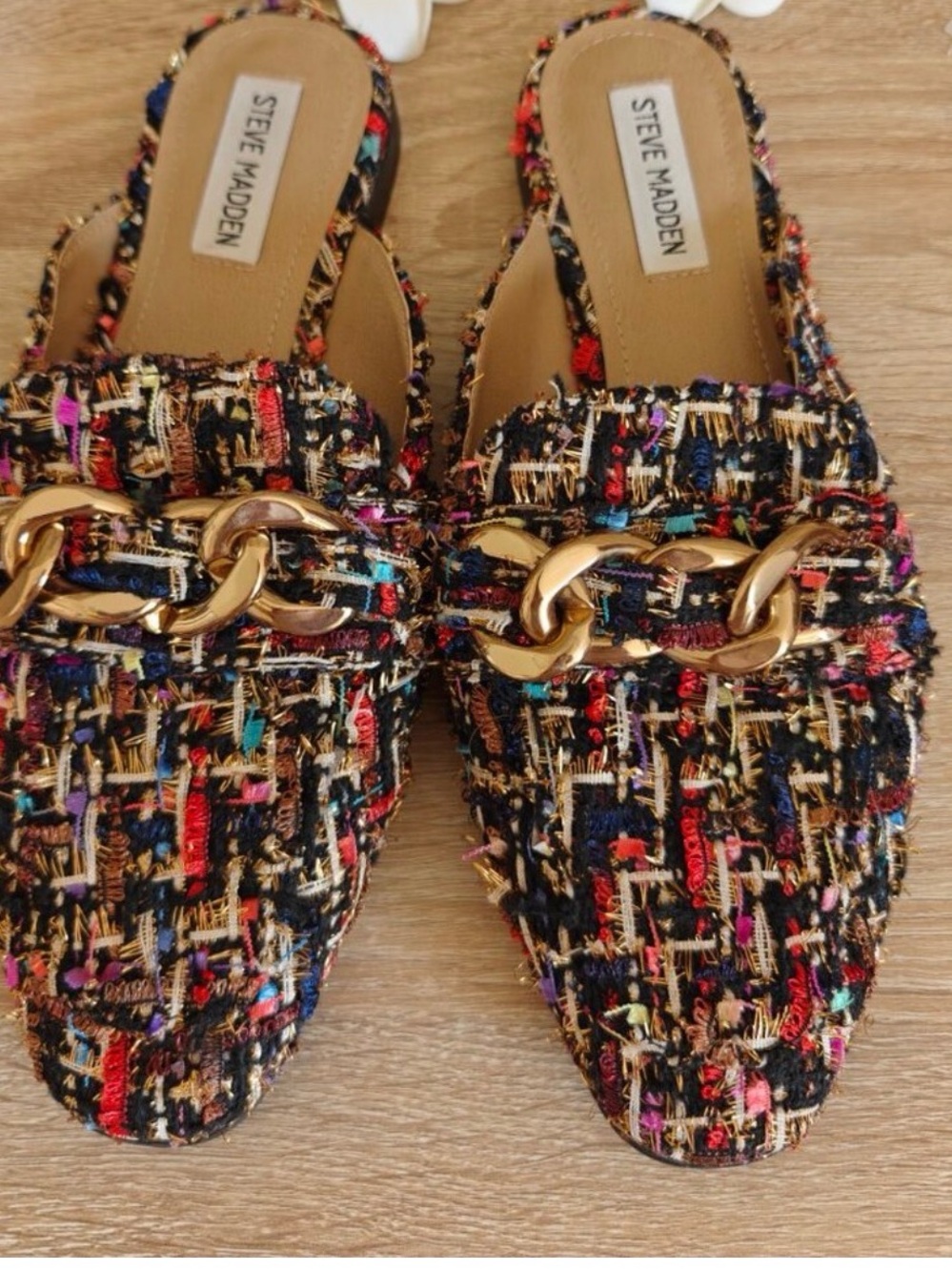Steve Madden Multicolor Tweed Chain-Trim Mules
